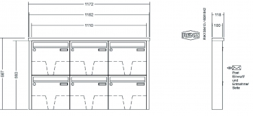 RENZ Briefkastenanlage Aufputz, Tetro, Edelstahl V4A, Kastenformat 370x330x100mm, 6-teilig